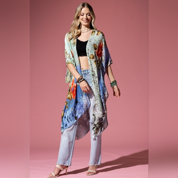 Floral Print Lightweight Kimono - Watercolor Effect Background - Soft & Silky - Picture 3 of 8